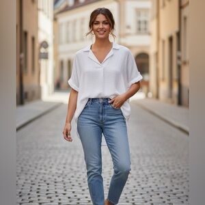 Jane and Delancey White Crinkle Rayon Spandex Collared Blouse Top - Women's XL